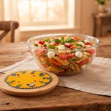 Saladeira em Vidro com Tampa em Bambu e Cer�mica Egan Cocoric� Amarela 2,5L 23x12cm