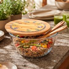 Saladeira em Vidro com Tampa em Bambu e Cer�mica Egan Cocoric� Amarela 2,5L 23x12cm