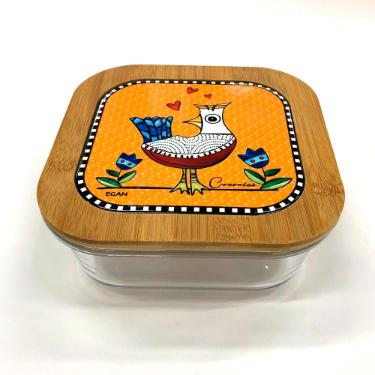 Pote em Vidro Quadrado com Tampa em Bambu e Cer�mica Egan Cocoric� Laranja 1,2L 18x7,5cm