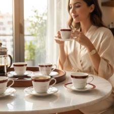 Jogo de 6 X�caras para Caf� em Porcelana Noritake Marble Red: O Luxo Atemporal do M�rmore com o Brilho do Ouro