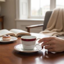 Jogo de 6 X�caras para Caf� em Porcelana Noritake Marble Red: O Luxo Atemporal do M�rmore com o Brilho do Ouro