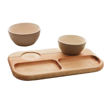 Petisqueira madeira com bowls Woodart Liptus 30x18cm cinza.