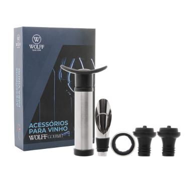 Jogo para vinho em a�o inox com caixa Wolff 5 pe�as.