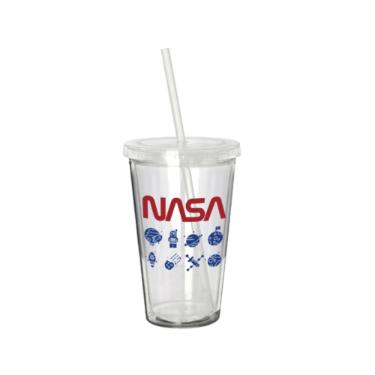 Copo parede dupla com canudo em pl�stico Nasa Icons 500ml.