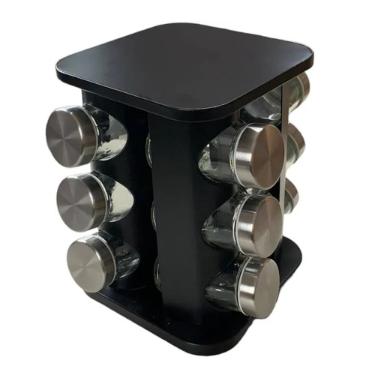 Porta Condimento Girat�rio em Pl�stico Quality House Quadrado Preto 12 frascos