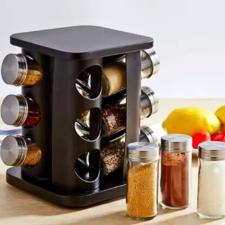 Porta Condimento Girat�rio em Pl�stico Quality House Quadrado Preto 12 frascos