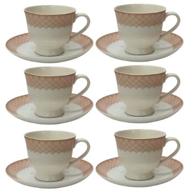 Jogo de X�cara de Ch� de Porcelana  Dolce Home Coreana Detalhes Rosa 12 p�s