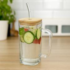 Copo de Vidro com Al�a, Canudo e Tampa de Bambu, Hauskrarft 290ml