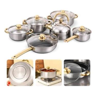 JOGO  PANELAS 6P�S  A�O INOX PRATEADO COM CABO DOURADO