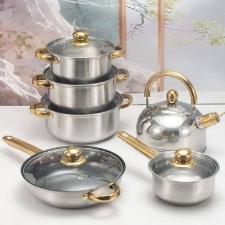 JOGO  PANELAS 6P�S  A�O INOX PRATEADO COM CABO DOURADO