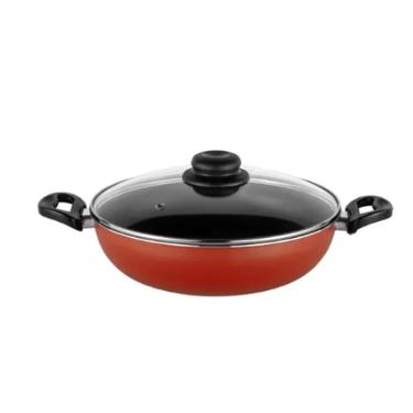 Panela Wok Teflon Cozillar  com tampa de vidro 28 cm Vermelha