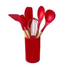 Jogo de Utens�lios Silicone com cabo Madeira Vermelho 7p�s