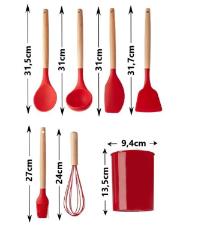 Jogo de Utens�lios Silicone com cabo Madeira Vermelho 7p�s