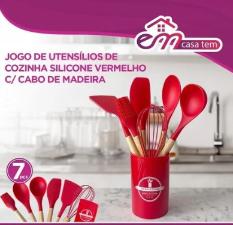 Jogo de Utens�lios Silicone com cabo Madeira Vermelho 7p�s